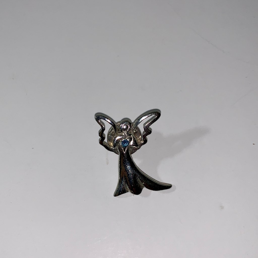Angel Pin Brooch Silver Tone Blue Jeweled Heart By Camco Vintage